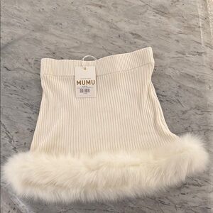 Mumu White Ribbed Skirt with Faux Fur Hem